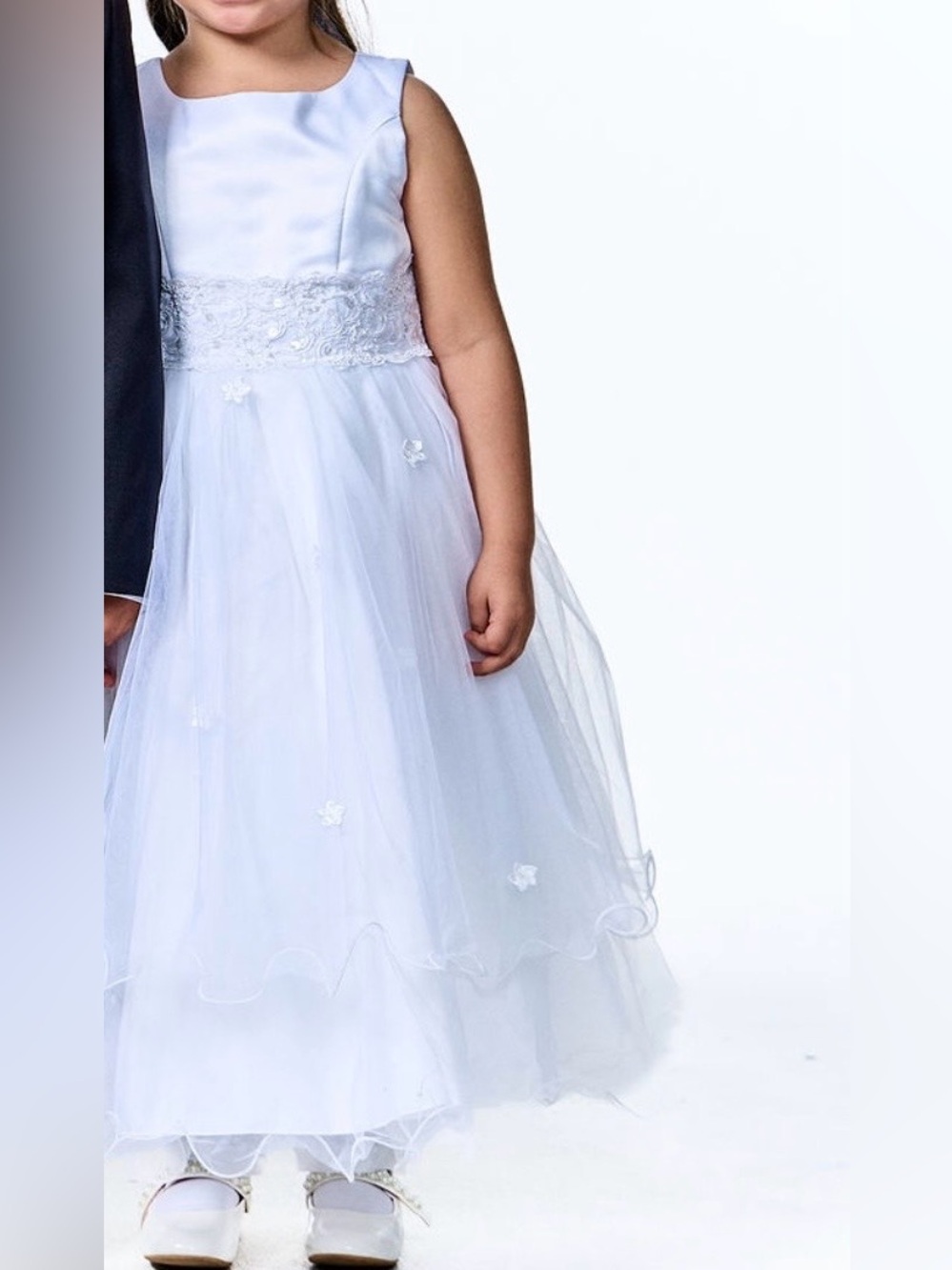 Girls White Satin & Tulle Formal Dress with Floral Waistband